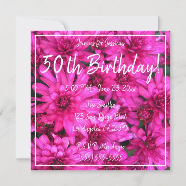 Pink Mum Floral Photo Hot Pink 50th Birthday Invitation (Front)