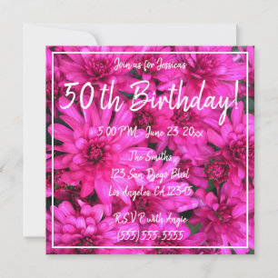 Pink Mum Floral Photo Hot Pink 50th Birthday Invitation
