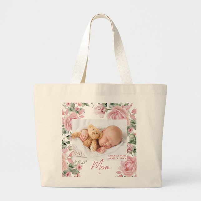 Pink Mum Floral Photo Large Tote Bag (Front)