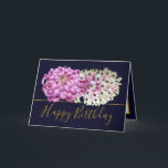 Pink Mum & White Orchids Floral Bouquet Birthday Card<br><div class="desc">Magnificent pink chrysanthemum and white exotic orchid flowers floral bouquet against a navy-blue colour background. The birthday greeting text uses an attractive script typography font. The flowers cover the front of this card which can be used as a thank you card, a birthday card, or any other card of your...</div>