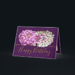 Pink Mum & White Orchids Floral Bouquet Birthday Card<br><div class="desc">Magnificent pink chrysanthemum and white exotic orchid flowers floral bouquet against a purple colour background. The birthday greeting text uses an attractive script typography font. The flowers cover the front of this card which can be used as a thank you card, a birthday card, or any other card of your...</div>