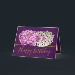 Pink Mum & White Orchids Floral Bouquet Birthday Card<br><div class="desc">Magnificent pink chrysanthemum and white exotic orchid flowers floral bouquet against a purple colour background. The birthday greeting text uses an attractive script typography font. The flowers cover the front of this card which can be used as a thank you card, a birthday card, or any other card of your...</div>