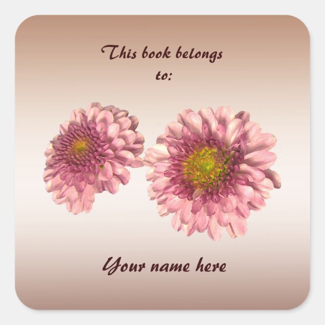 Pink Mums Bookplate Square Sticker (Front)