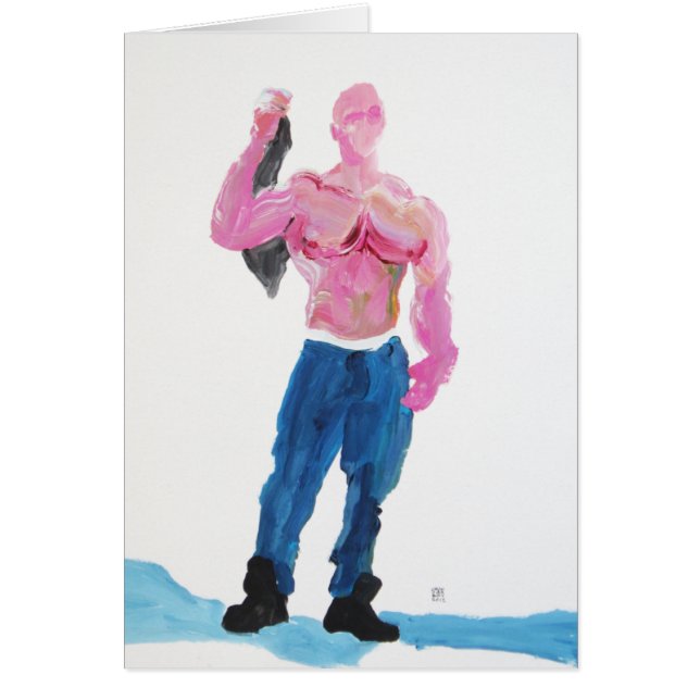 Pink Muscleman Holding T-shirt (Front)