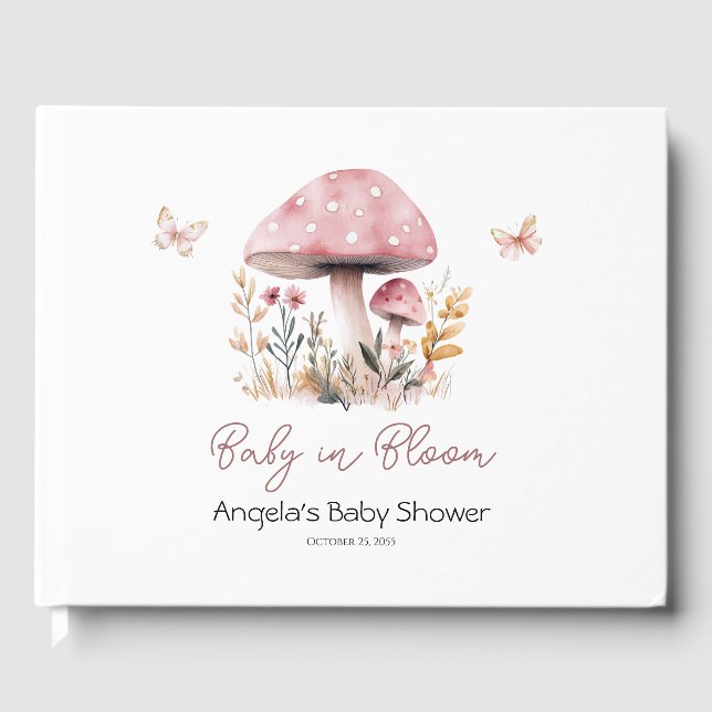 Pink Mushroom Baby in Bloom Butterfly Baby Shower Guest Book (Front)
