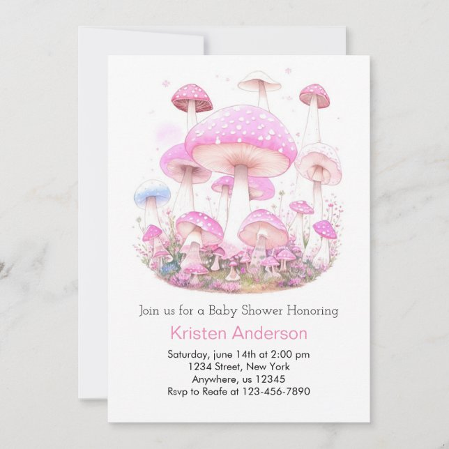 Pink Mushroom Blissful Forest Girl Baby Shower Invitation (Front)