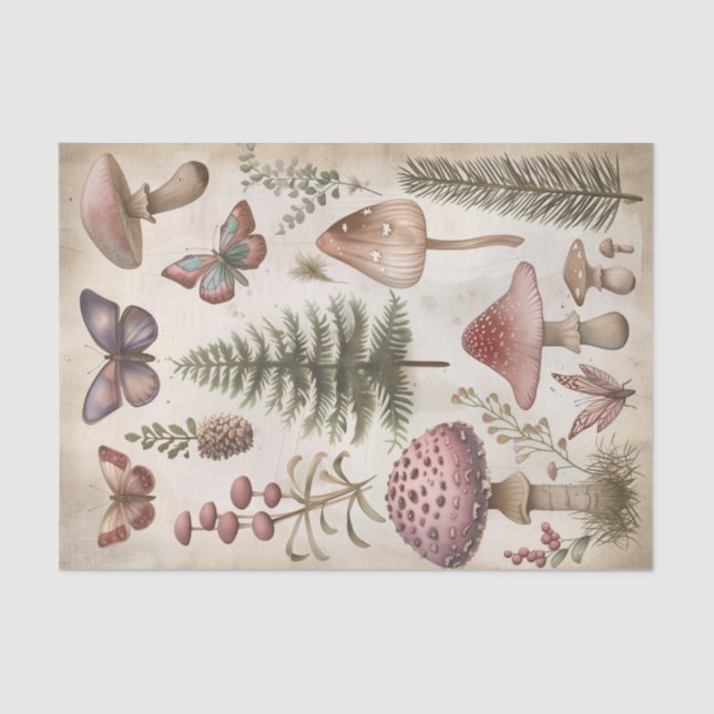Pink Mushroom Butterfly Goblincore Decoupage Tissue Paper (Front)