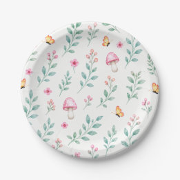 Pink Mushroom Floral Butterfly Paper Plate