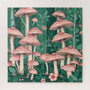 Pink Mushroom Forest Pattern Woodland Naturecore Jigsaw Puzzle