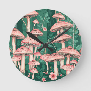 Pink Mushroom Forest Pattern Woodland Naturecore Round Clock