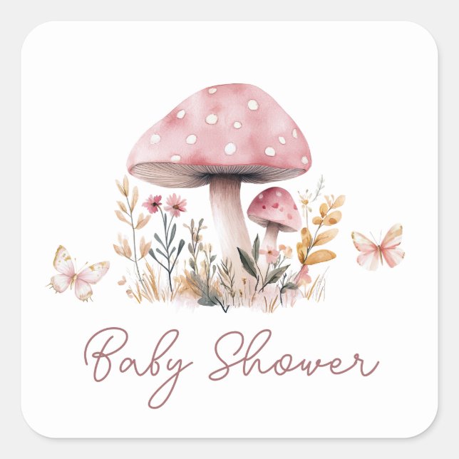 Pink Mushroom Girl Baby Shower Square Sticker (Front)