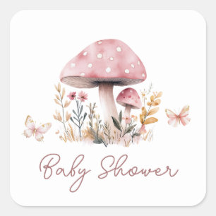 Pink Mushroom Girl Baby Shower Square Sticker