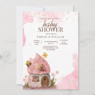 Pink Mushroom House Woodland Baby Shower  Invitation