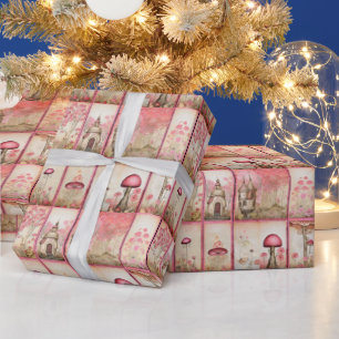Pink mushroom houses wrapping paper