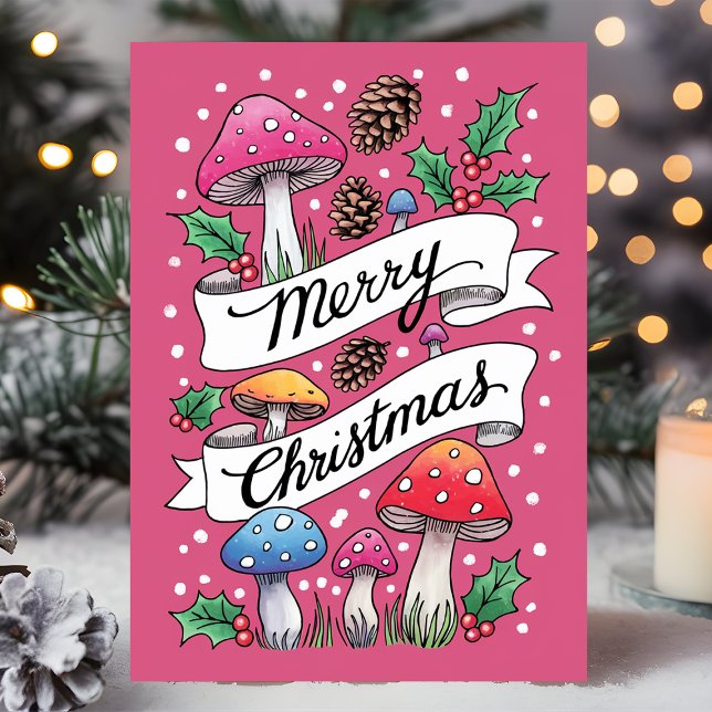 Pink Mushroom Merry Christmas Woodland Holiday Card (Creator Uploaded)