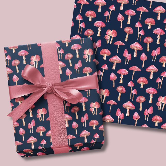 Pink Mushroom Pattern Wrapping Paper Sheet (Pink mushroom wrapping paper sheets. Woodland mushrooms on navy blue background.)