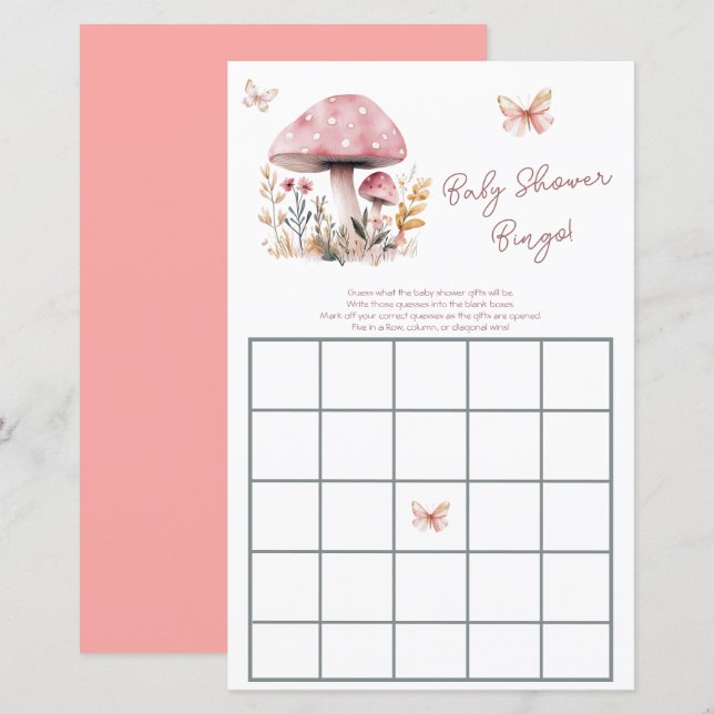Pink Mushroom Woodland Baby Shower Bingo (Front/Back)