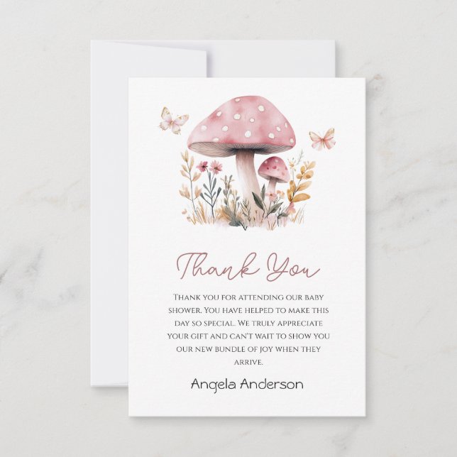 Pink Mushroom Woodland Baby Shower  Thank You Card (Front)