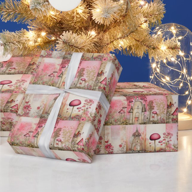 Pink mushrooms whimsical and cute wrapping paper (Holidays)