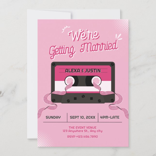 Pink music casette wedding  invitation (Front)