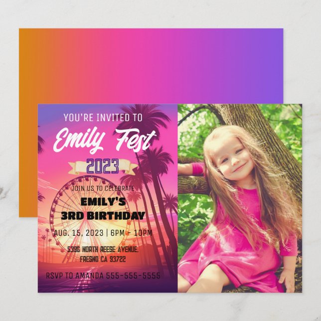 Pink Music Festival Fest Photo Birthday Invitation (Front/Back)