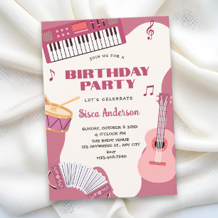 Pink music instruments birthday invitation