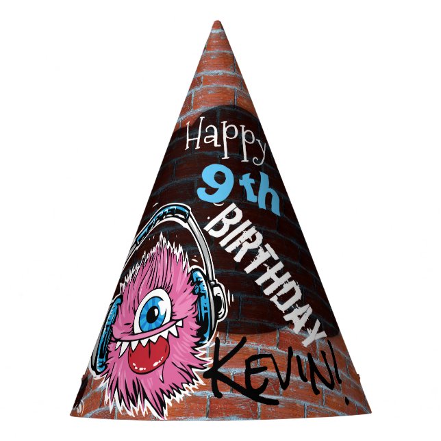 Pink Music Monster Graffiti Party Hat Personalised (Front)