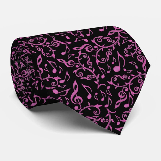 Pink Music Notes and Clefs On Black Tie (Rolled)
