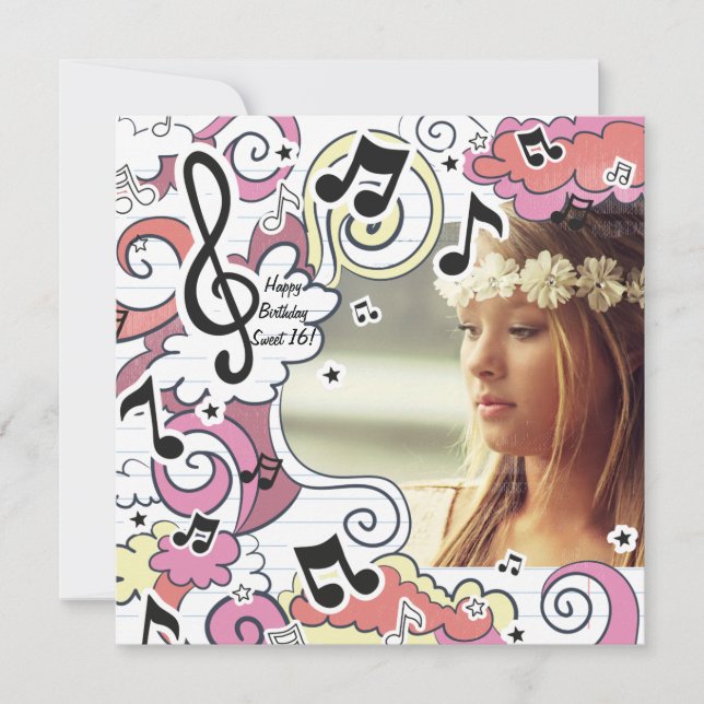 Pink Music Notes Photo Invitation (Front)