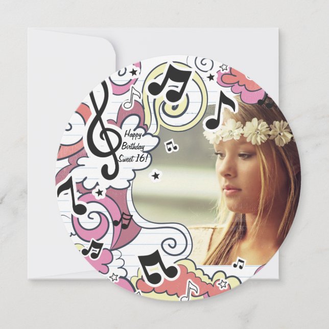 Pink Music Notes Round Photo Invitation (Front)