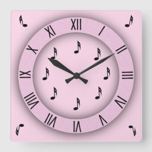 Pink Music Notes with Roman Numerals Square Wall Clock
