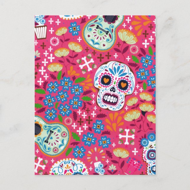 Pink Music Rock Skull Floral Garden Holiday Postcard (Front)