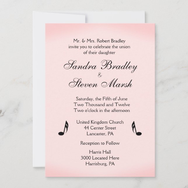 Pink Music Theme Wedding Invitation (Front)
