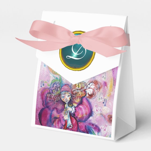 PINK MUSICAL CLOWN TEAL BLUE GEM STONE MONOGRAM FAVOUR BOX (Front Side)