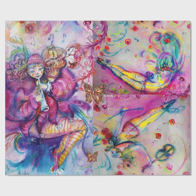 PINK MUSICAL CLOWNS ,BUTTERFLİES AND FLORAL SWIRLS WRAPPING PAPER (Flat)