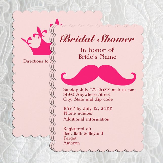 Pink Mustache and Tiara Bridal Shower Invitation (Pink Mustache and Tiara Bridal Shower Invitation)