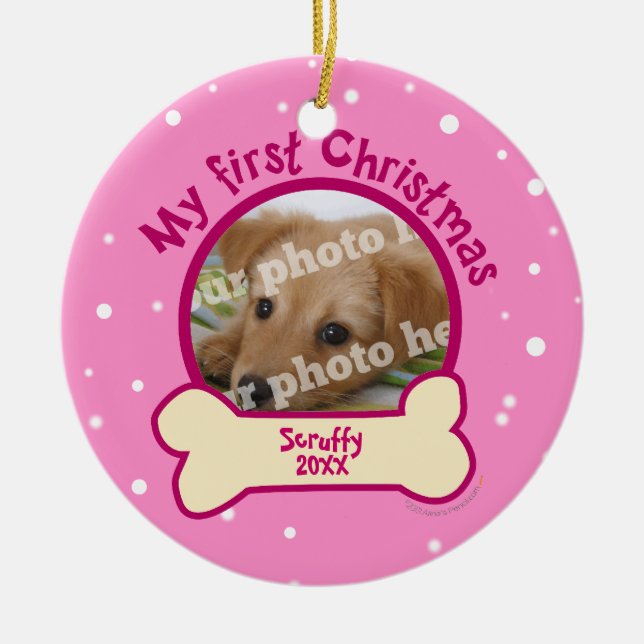Pink My First Christmas Personalised Photo Dog Ceramic Tree Decoration (Front)
