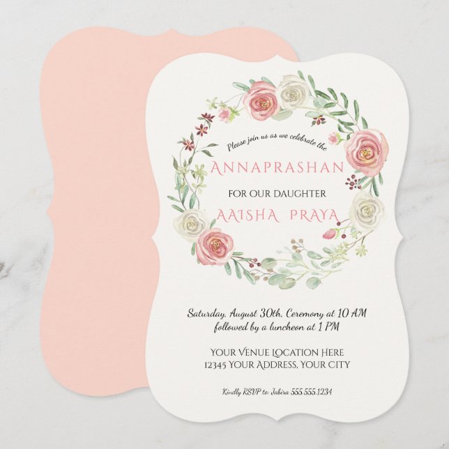 Pink n White Rose Wreath Annaprashan Baby Girl Invitation (Front/Back)