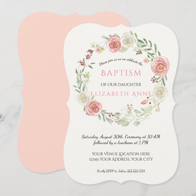 Pink n White Rose Wreath Infant Baptism Baby Girl Invitation (Front/Back)