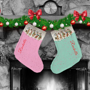 Pink Name Marching Quirky Christmas Reindeer Large Christmas Stocking