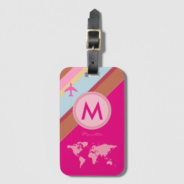 pink name monogram plane travel personalised luggage tag (Front Vertical)