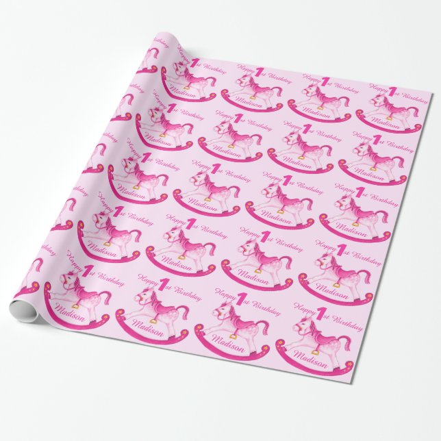 Pink named rocking horse 1st birthday pattern wrap wrapping paper (Unrolled)