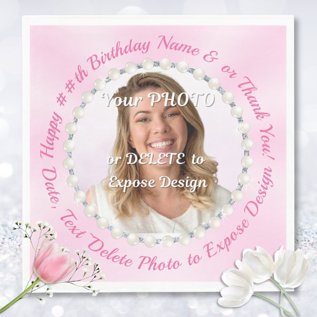 Pink Napkins Paper. Custom Napkins with PHOTO (Personalised, Pink Birthday Napkins. Light pink party supplies. Pearl, Napkins with Photo, for Her.)