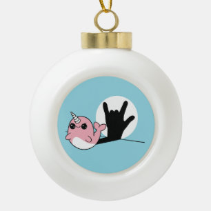 Pink Narwhal ASL I Love You – Deaf Culture Design Ceramic Ball Christmas Ornament