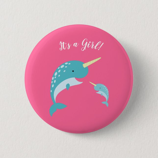 Pink Narwhal Baby Shower 6 Cm Round Badge (Front)
