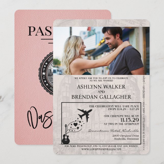 Pink Nashville Passport Wedding Invitation (Front/Back)