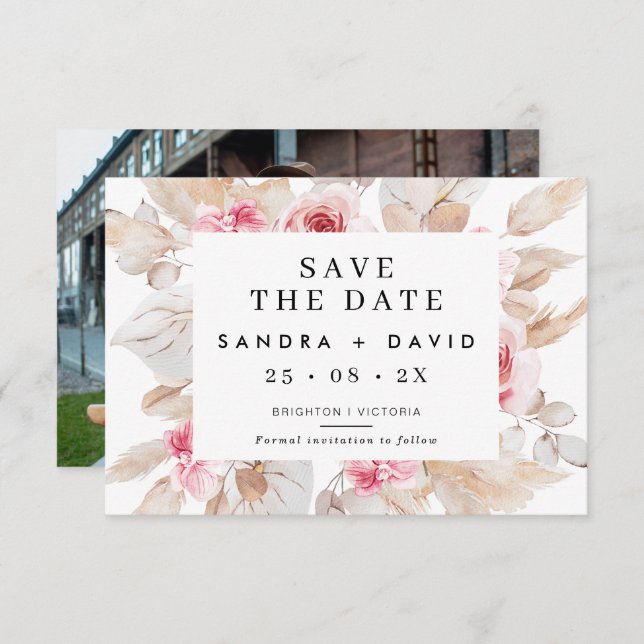 Pink Natural Tones Pampas Save The Date Card (Front/Back)