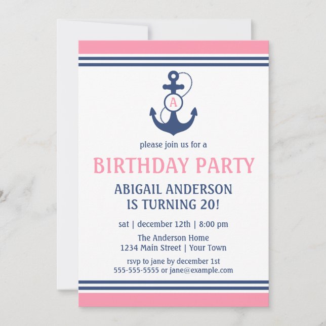 Pink Nautical Anchor Birthday Party Invitations (Front)