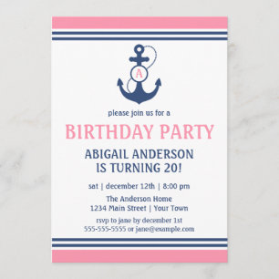 Pink Nautical Anchor Birthday Party Invitations