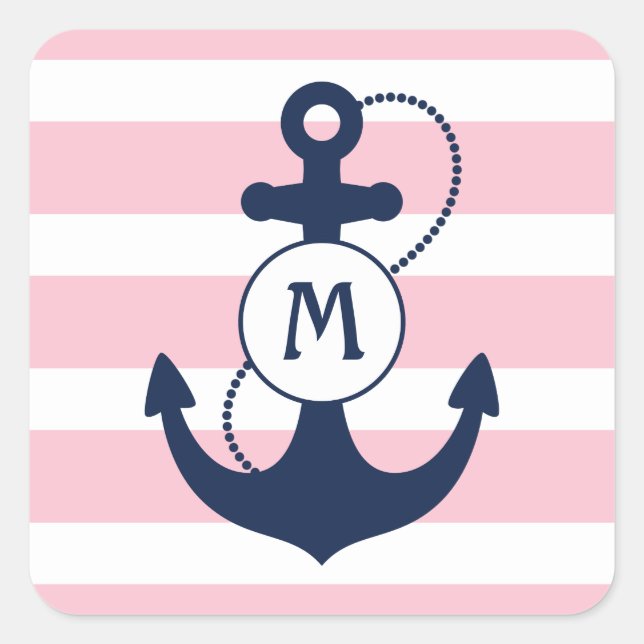 Pink Nautical Anchor Monogram Square Sticker (Front)